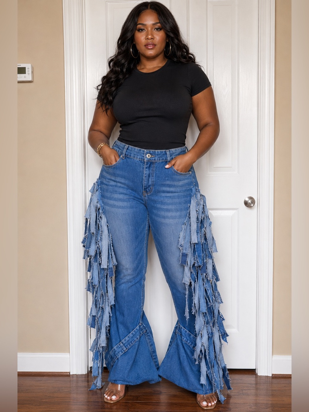 Upcycled double thick Fringed cuffed bottom Denim Flared Jeans size L